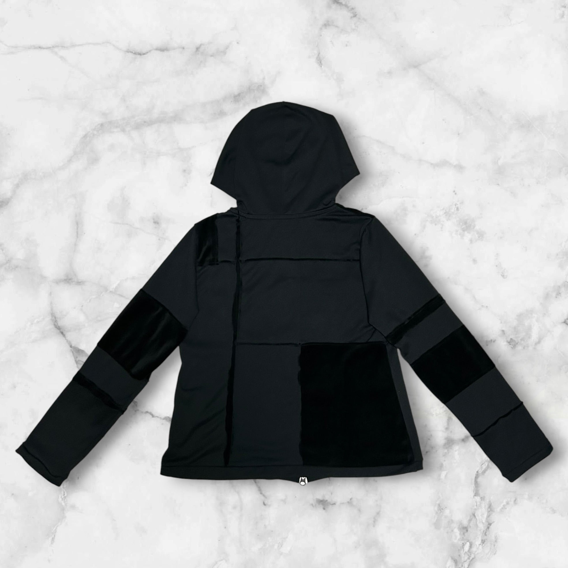 NO BRAND
PATCHWORK SUEDE 
ZIP UP HOODIE BLACK