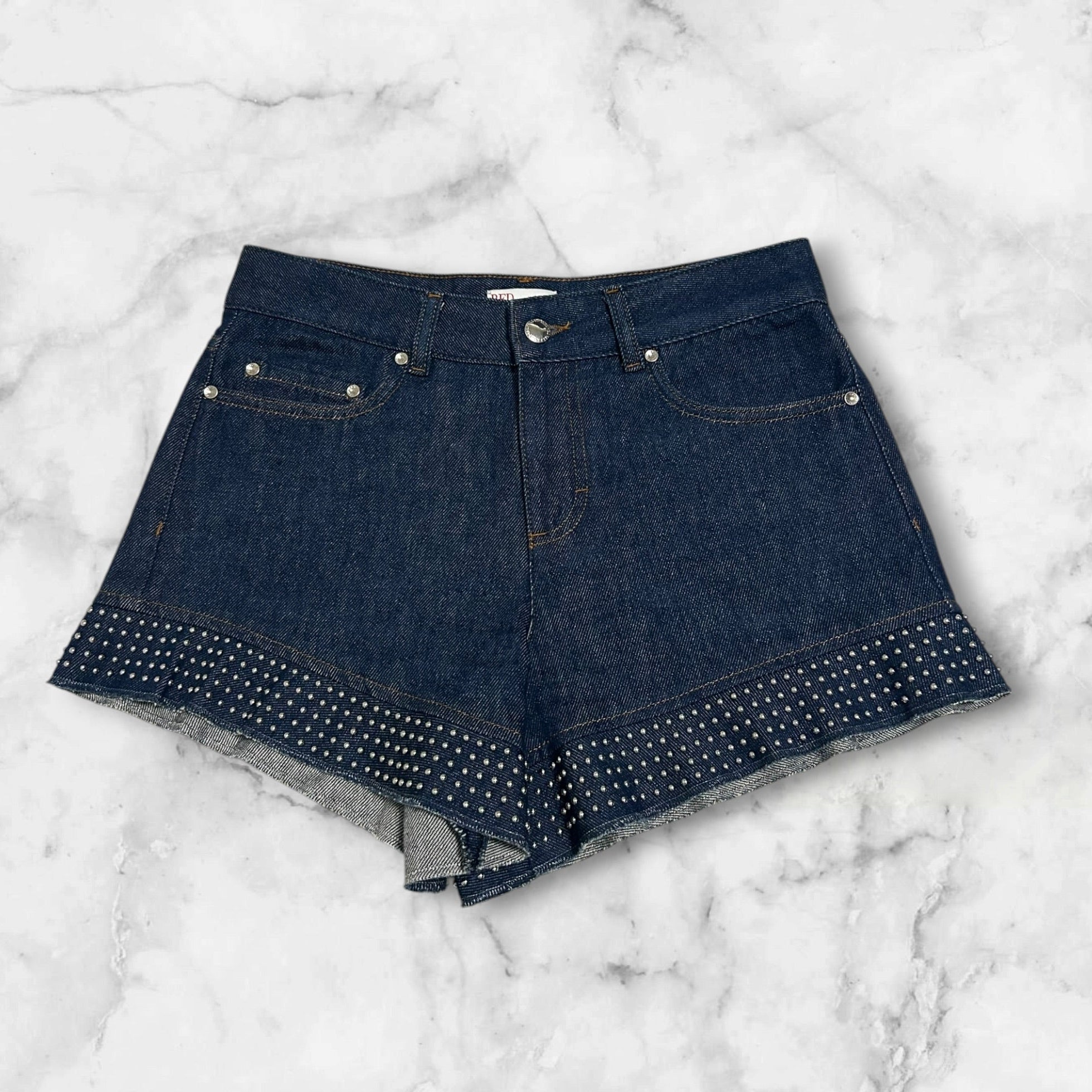 RED VALENTINO STUDDED DENIM SHORTS