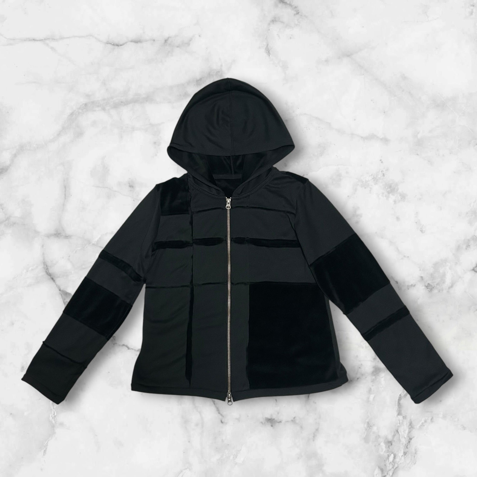 NO BRAND
PATCHWORK SUEDE 
ZIP UP HOODIE BLACK