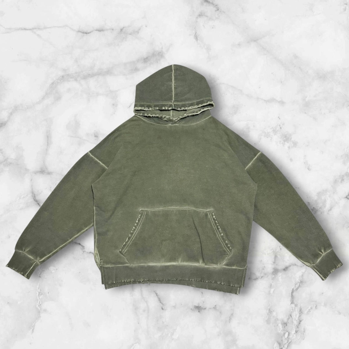 CAMP VINTAGE WASH FRAYED EDGE HOODIE OLIVE