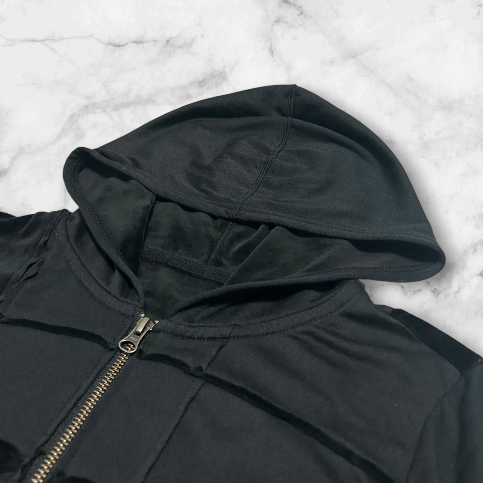 NO BRAND
PATCHWORK SUEDE 
ZIP UP HOODIE BLACK